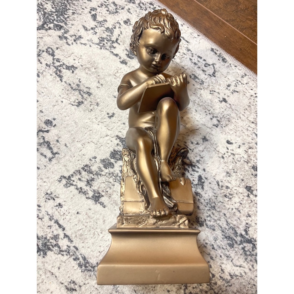 Bronze Tone Cherub Statue Writing Boy Figurine Classical Library Decor